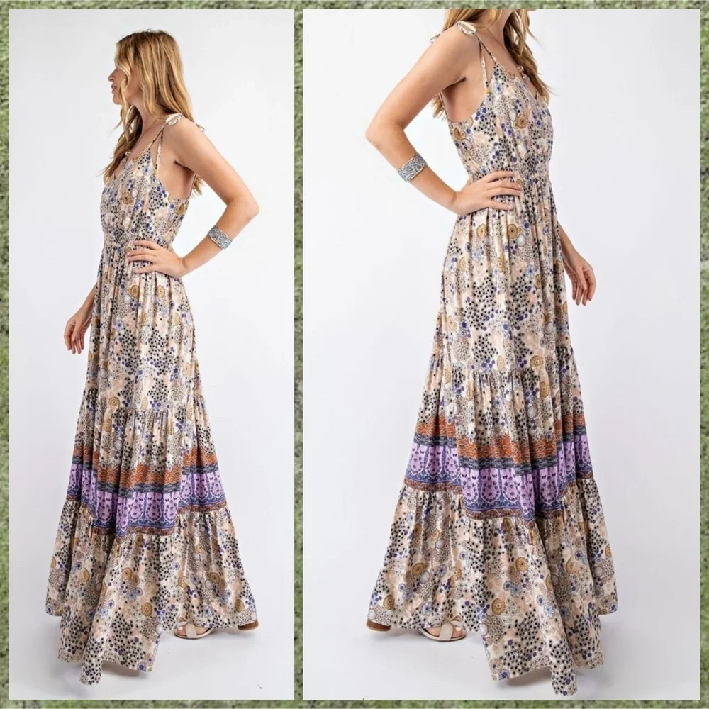 EASEL "Summer Dreams" Sexy Tiered Flowy Maxi Dress Smocked Waist Self-Tie Straps - Picture 4 of 15